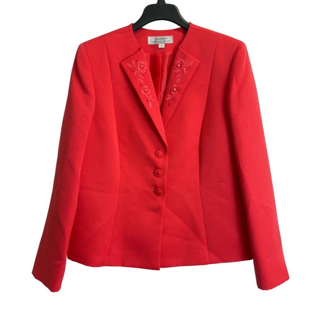 Tahari Arthur S. Levine Red Embroidered Beaded Blazer Jacket Size 16